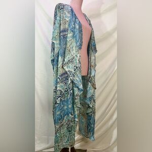 Blue Paisley Bohemian Kimono Duster Retro 60s 70s Draped Cardigan Umgee Sz XL